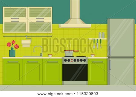Interior illustration of a modern lime colored kitchen including furniture, oven, kitchen hood, uten
