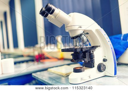 Chemical Laboratory Microscope And Tools. Scientific And Healthcare Reasearch Equipment