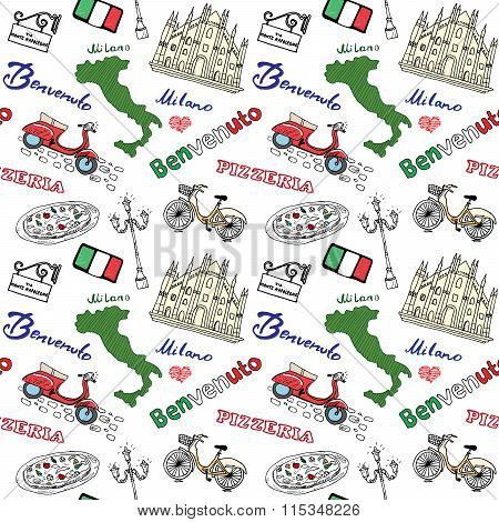 Milan Italy Seamless Pattern With Hand Drawn Sketch Elements Duomo Cathedral, Flag, Map, Pizza, Tran