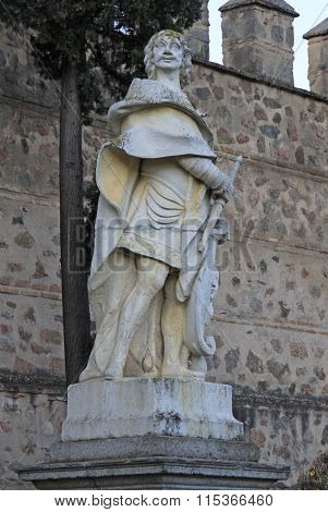 Toledo, Spain - August 24, 2012: Statue At The Puerta De Bisagra Nueva (the New Bisagra Gate) Of Tol