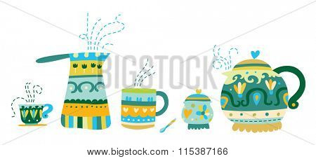 Cute tea and coffee accessories in a colorful, contemporary style.