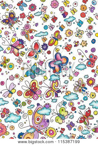Lots of cute butterflies, each one different from another. Watercolor, colored pencils and ink.