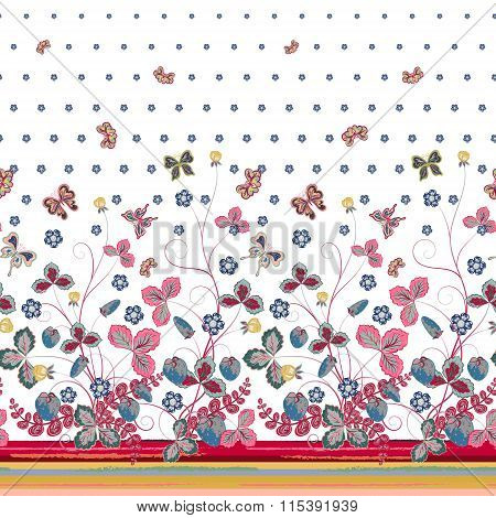 Vector seamless vertical pattern with Decorative gray pink blue strawberry and butterfly ornament on green background. Hand drawn texture for clothes, bedclothes, invitation, card design etc.