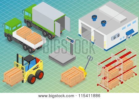 Loading or unloading a truck in the warehouse. Forklifts move the cargo. Warehouse equipment. Isomet
