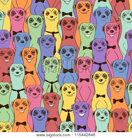 Colorful Seamless Pattern Of Smiling Meerkats.