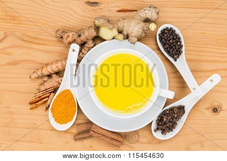 Healthy Turmeric Milk Tea With Ginger, Cinnamon, Cloves, Black Pepper