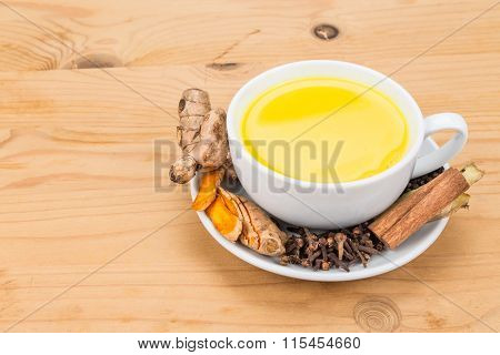 Healthy Turmeric Milk Tea With Ginger, Cinnamon, Cloves, Black Pepper