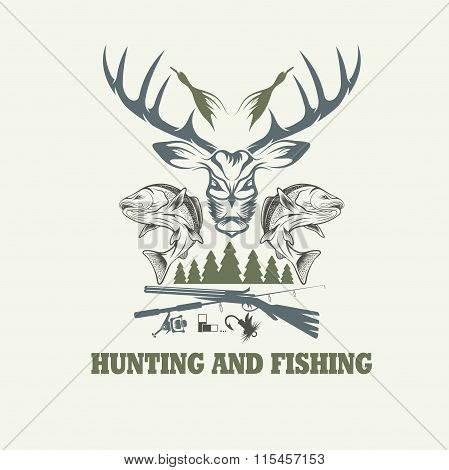 Hunting And Fishing Vintage Emblem Vector Design Template