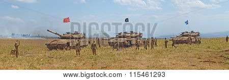 Merkava Tanks And Israeli Soldiers In Training Armored Forces