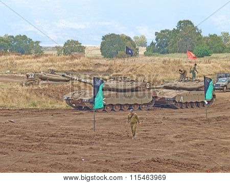 Merkava Tanks And Israeli Soldiers In Training Armored Forces