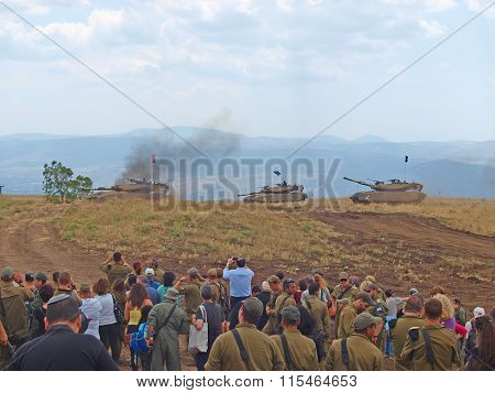 Merkava Tanks And Israeli Soldiers In Training Armored Forces