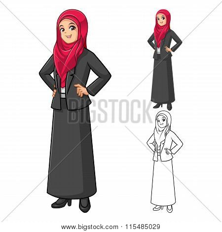 Muslim Businesswoman Wearing Red Veil or Scarf  with Hands On Hip