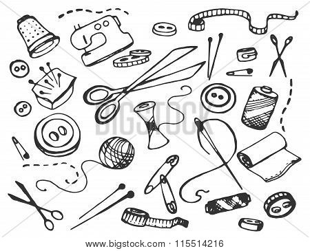 Doodle vector set of tailor business