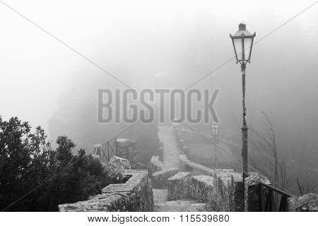 Stone Staircase And Street Lights.