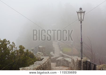 Stone Staircase And Street Lights.