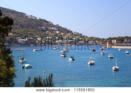 Boats in Port d'Andratx and Mediterranean Sea in Majorca Spain