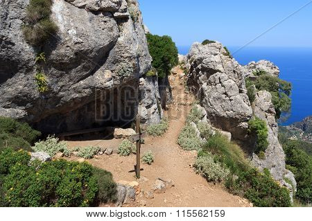 Hiking Path In Majorca Tramuntana With Mediterranean Sea In Background
