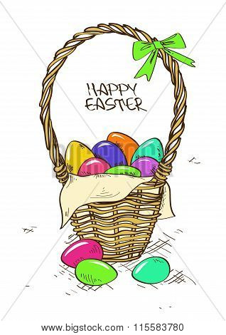 Wicker Basket With Easter Eggs.