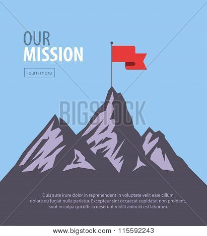 Vector flat flag on mountain. Success illustration. Goal achievement. Business concept.