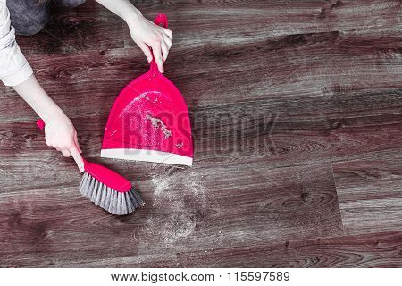 Cleaning Woman Sweeping Wooden Floor