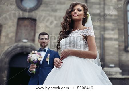Happy Couple Of Newlyweds Valentynes Posing In Front Of Old Baroque Church Bride Closeup