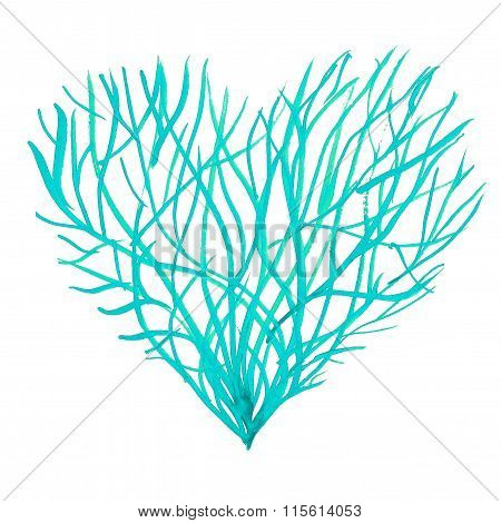 Watercolor Blue Heart Made Of Branches On A White Background.happy Valentine Day.watercolor Painted