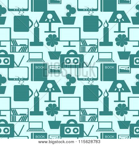 Seamless pattern with elements of household items in blue over light blue background