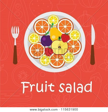 Fruits background in flat style. Colorful template for cooking, restaurant menu and vegetarian food