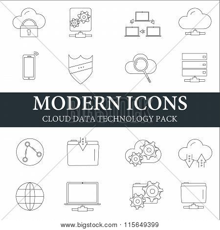 Modern icons thin line style. Cloud data technology pack