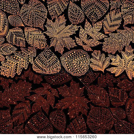 Red golden pattern with different tree leaves such as oak and maple, chestnut and birch, aspen and l