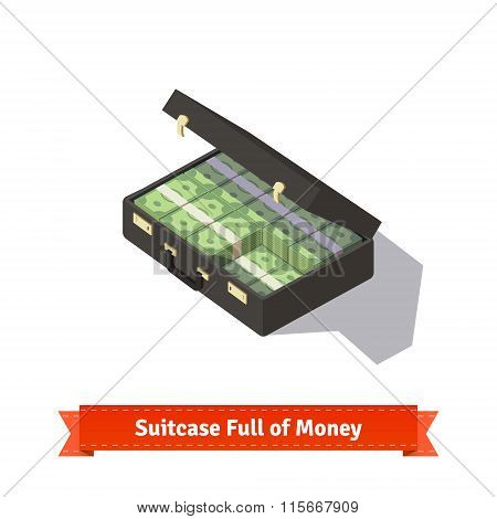 Suitcase full of money. Dollars stacks