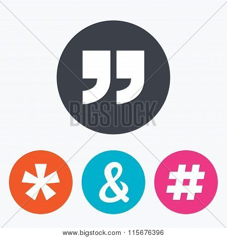 Quote, asterisk footnote icons. Hashtag symbol.
