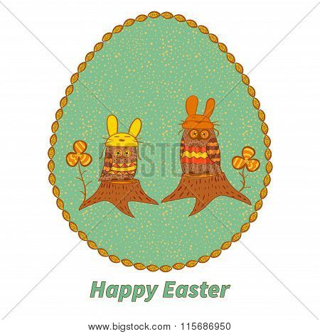 Easter card. Two owls on stumps.