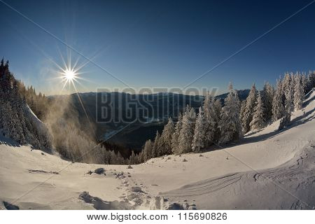 Winter Story. Sunrise At The Top Of Postavarul Mountain. Brasov Romania. Low Key, Dark Background, S