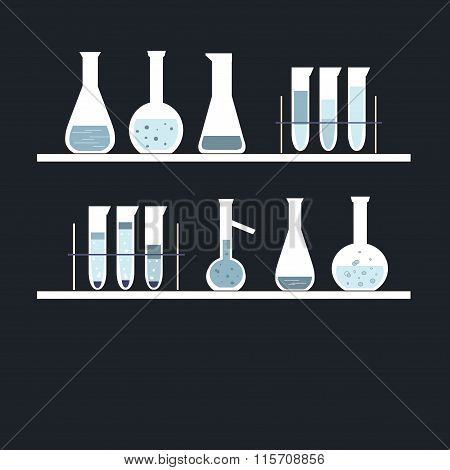 Chemical test tube on shelves, on black. White, blue, light blue colors