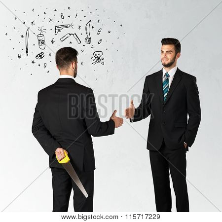 Ruthless businessman handshake with hiding a weapon and weapon symbols around his head