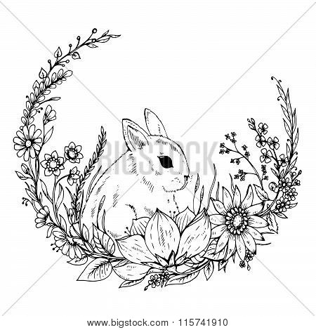 Cute Hand Drawn Rabbit With Wreath Of Flowers And Leafs