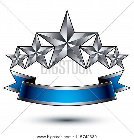 Vector Classic Emblem Isolated On White Background. Aristocratic Badge With Five Silver Stars And Bl