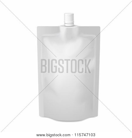 White blank doy-pack foil food or drink bag packaging with spout lid. Plastic pack template
