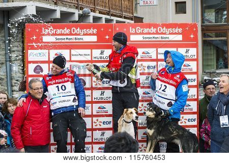 TERMIGNON VANOISE FRANCE - JANUARY 20 2016 - Podium Remy COSTE the winner of the GRANDE ODYSSEE the hardest mushers race the 2nd Jimmy PETTERSSON and 3th named Jean-Philippe PONTHIER Vanoise Alps