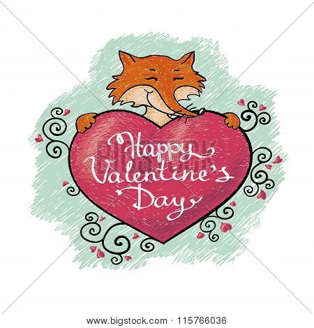 valentine card with fox. Happy valentines day