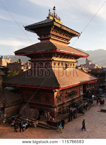 Temples Of Durbar Square With People In Bhaktapur