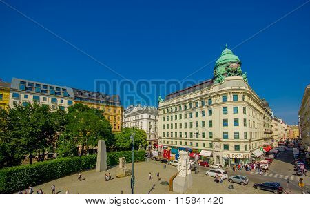 Vienna, Austria - 11 August, 2015: Plaza located around famous Hotel Sacher sorrounded by beautiful
