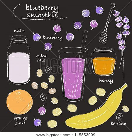 Blueberry Smoothie Glass And Ingredients Recipe Line Art Chalk Sketch