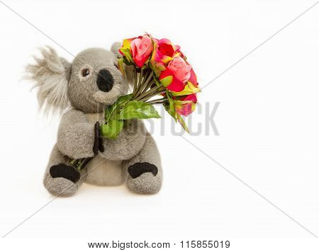 Koala Doll Hold Bouquet Of Red Roses On White Background