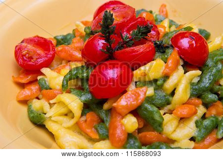 Colored Spatzle On Yellow Dish