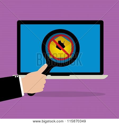 Businessman Hold A Magnify Glass Scanning Email With Malware Bug Computer Virus Attachment On Laptop