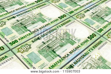 Rwandan francs bills stacked background. Computer generated 3D photo rendering.