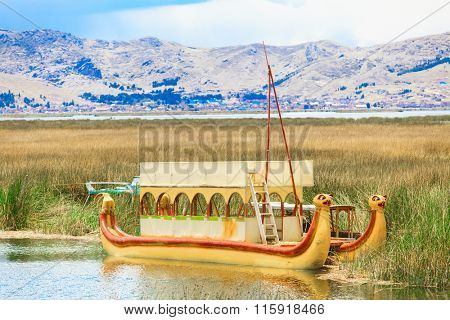 Totora boat on the Titicaca lake near Puno, Peru