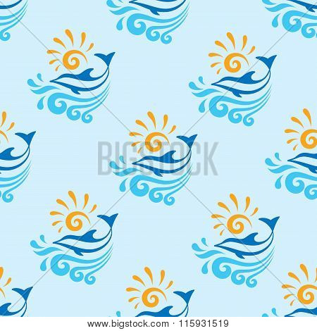 Dolphin with sea, waves & sun - vector background - seamless pattern. Dolphin seamless background.